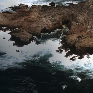 A body of water with rocks and trees