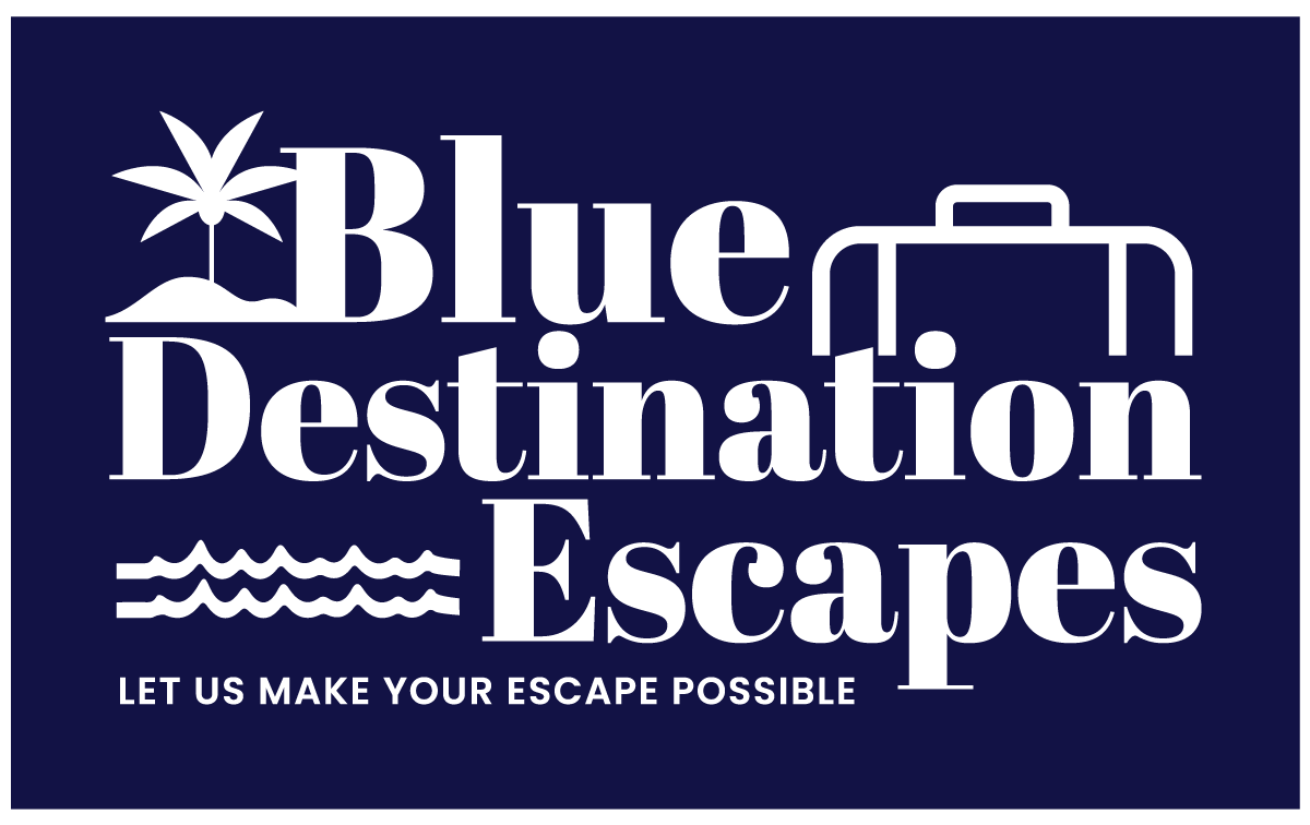 A blue and white logo for the blue destination escape.